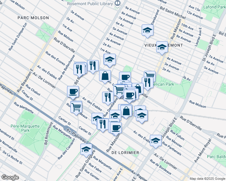 map of restaurants, bars, coffee shops, grocery stores, and more near 2255a Rue Dandurand in Montréal