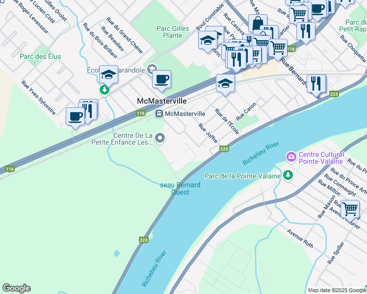 map of restaurants, bars, coffee shops, grocery stores, and more near 701 Chemin du Richelieu in McMasterville