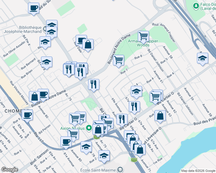 map of restaurants, bars, coffee shops, grocery stores, and more near 3282 7e Rue in Laval