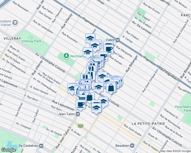 map of restaurants, bars, coffee shops, grocery stores, and more near 1230 Rue Jean-Talon Est in Montréal