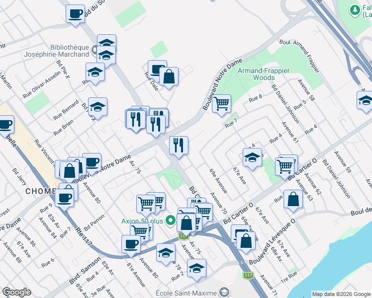 map of restaurants, bars, coffee shops, grocery stores, and more near 3320 Rue Charles-Best in Laval