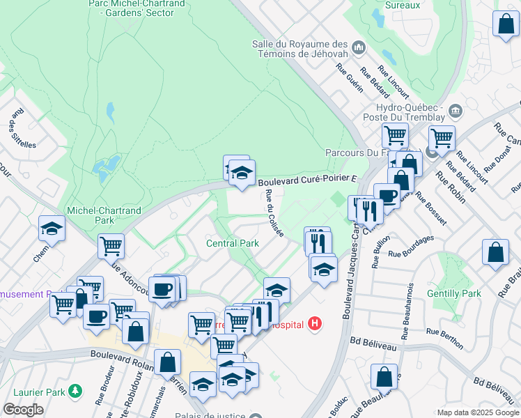 map of restaurants, bars, coffee shops, grocery stores, and more near 2120 Rue du Colisée in Longueuil
