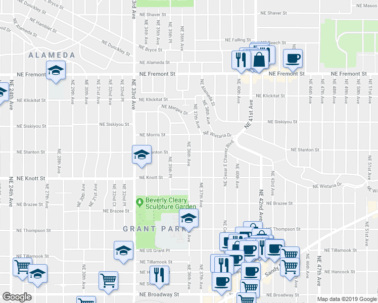 map of restaurants, bars, coffee shops, grocery stores, and more near NE Stanton St & NE 36th Ave in Portland