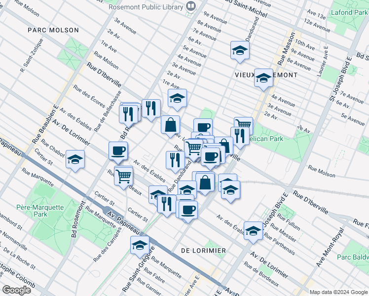 map of restaurants, bars, coffee shops, grocery stores, and more near 5635 Rue Fullum in Montréal
