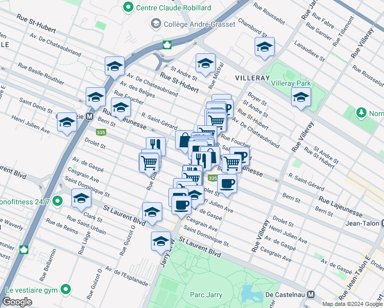 map of restaurants, bars, coffee shops, grocery stores, and more near 8163 Rue Berri in Montréal
