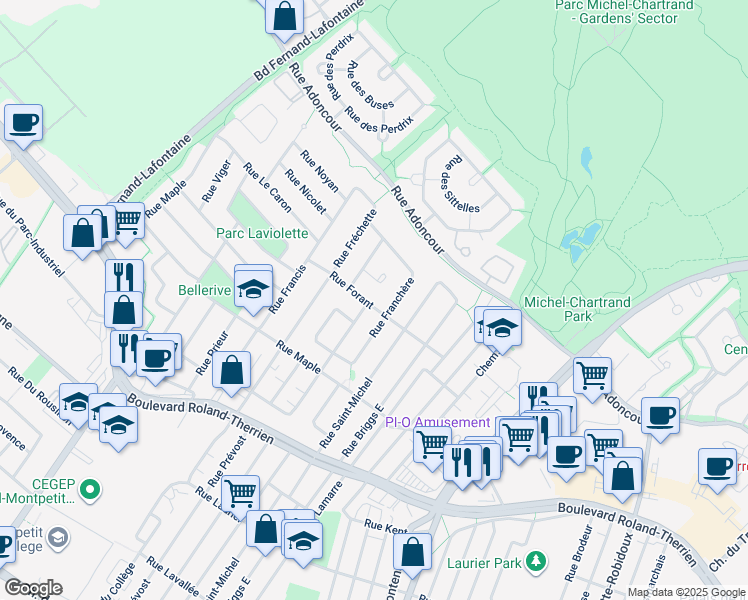 map of restaurants, bars, coffee shops, grocery stores, and more near 1125 Rue Forant in Longueuil