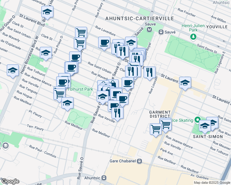 map of restaurants, bars, coffee shops, grocery stores, and more near 9790 Rue Meunier in Montréal