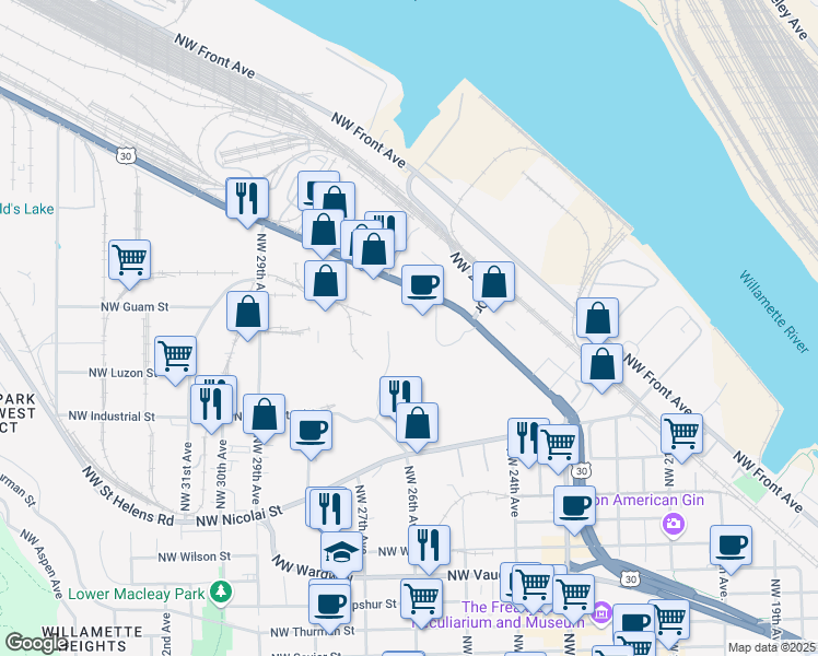 map of restaurants, bars, coffee shops, grocery stores, and more near 3145 Northwest Yeon Avenue in Portland