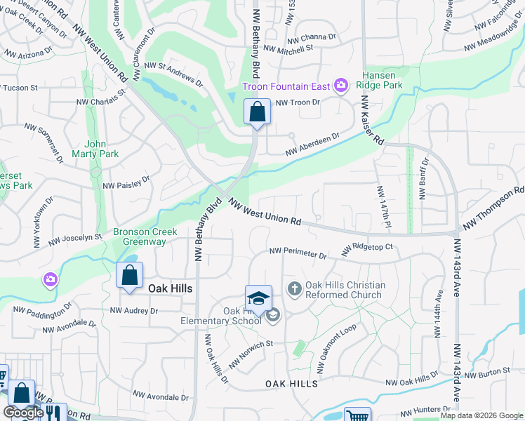map of restaurants, bars, coffee shops, grocery stores, and more near 15450 Northwest Dominion Drive in Portland