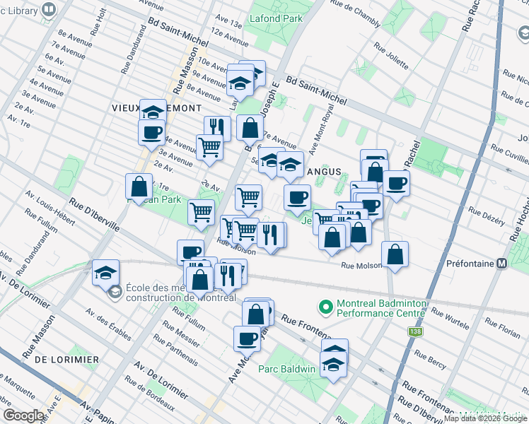 map of restaurants, bars, coffee shops, grocery stores, and more near 4700 2e Avenue in Montréal