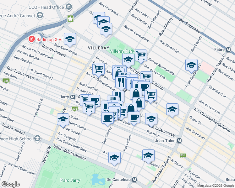 map of restaurants, bars, coffee shops, grocery stores, and more near 7730 Avenue De Chateaubriand in Montréal