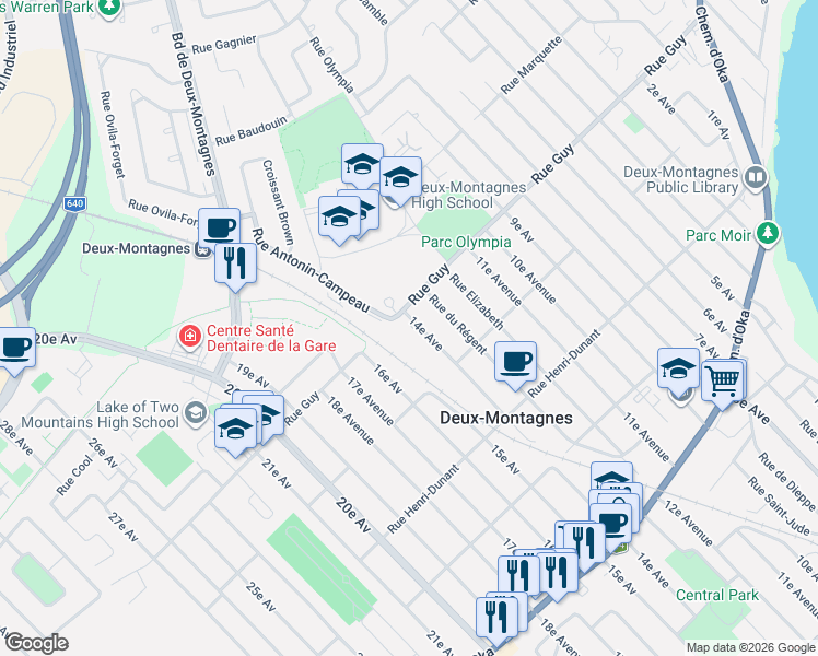 map of restaurants, bars, coffee shops, grocery stores, and more near 446 Avenue 14e in Deux-Montagnes