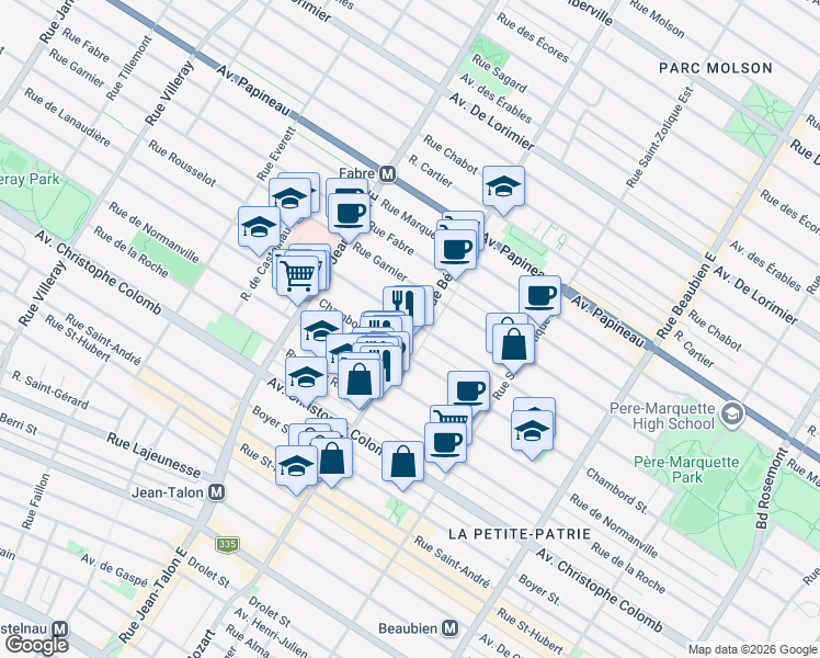 map of restaurants, bars, coffee shops, grocery stores, and more near in Montreal
