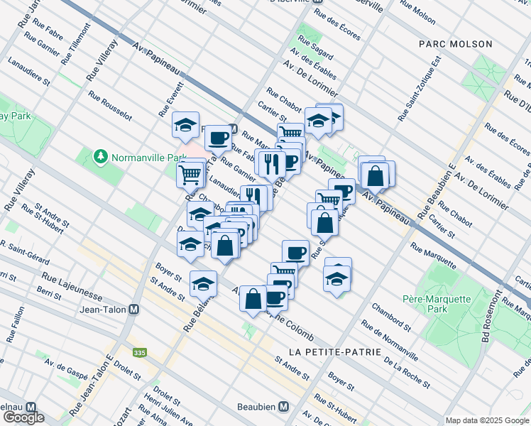 map of restaurants, bars, coffee shops, grocery stores, and more near 6910 Rue de Lanaudière in Montreal