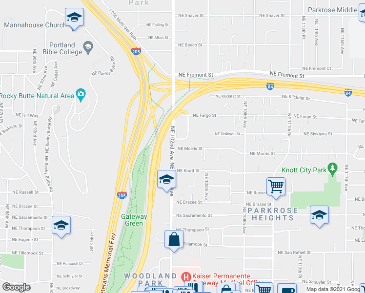 map of restaurants, bars, coffee shops, grocery stores, and more near 2848 Northeast 102nd Avenue in Portland