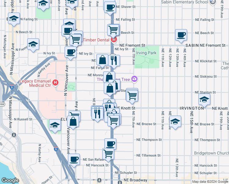 map of restaurants, bars, coffee shops, grocery stores, and more near 433 Northeast Graham Street in Portland