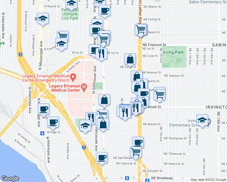 map of restaurants, bars, coffee shops, grocery stores, and more near 43 Northeast Graham Street in Portland