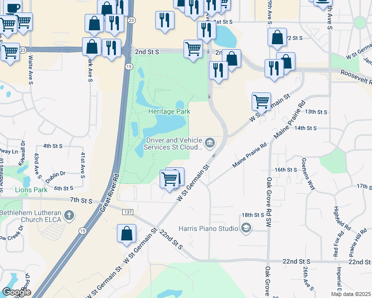 map of restaurants, bars, coffee shops, grocery stores, and more near 3365 West Street Germain Street in St. Cloud