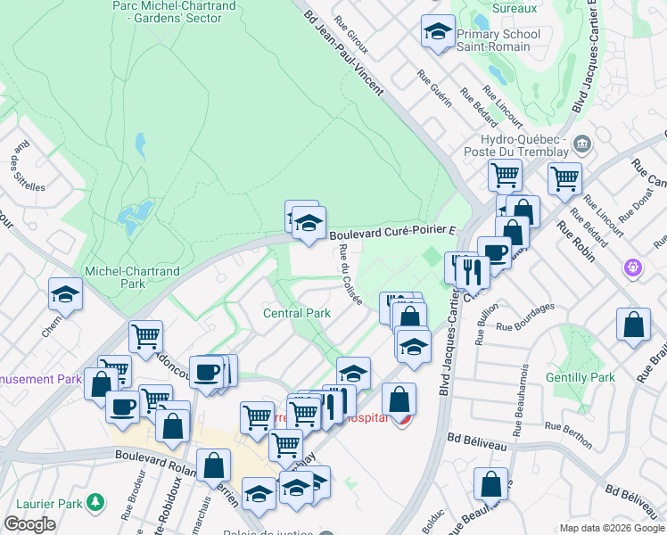 map of restaurants, bars, coffee shops, grocery stores, and more near 2120 Rue du Colisée in Longueuil