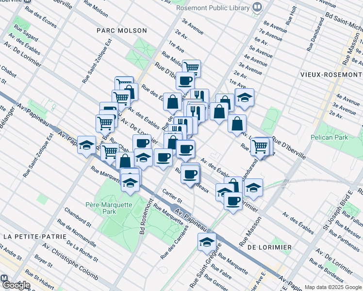 map of restaurants, bars, coffee shops, grocery stores, and more near 2149 Boulevard Rosemont in Montréal