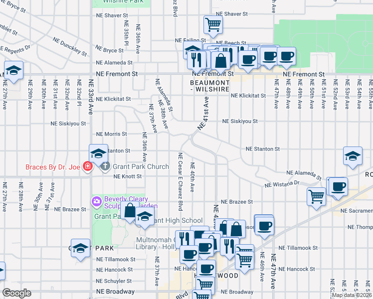 map of restaurants, bars, coffee shops, grocery stores, and more near 3915 Northeast Stanton Street in Portland