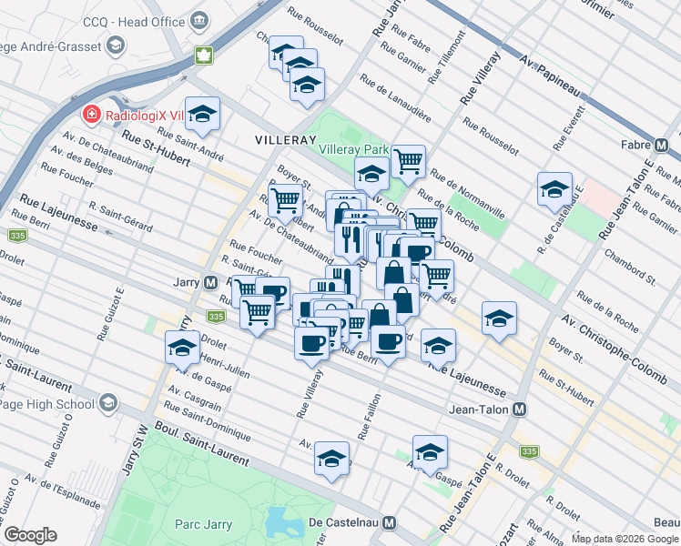 map of restaurants, bars, coffee shops, grocery stores, and more near 7730 Avenue De Chateaubriand in Montréal