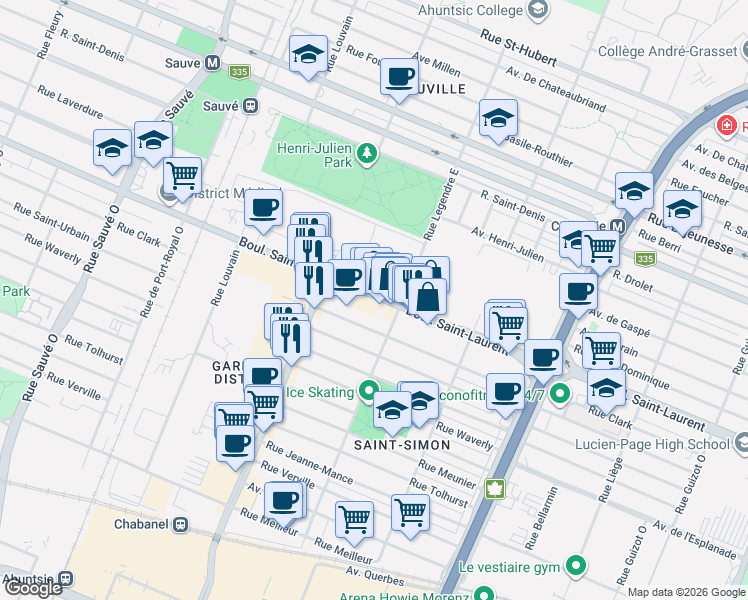map of restaurants, bars, coffee shops, grocery stores, and more near 9160 Boulevard Saint-Laurent in Montréal