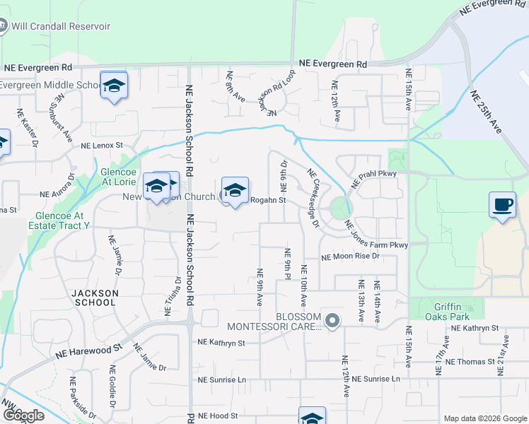 map of restaurants, bars, coffee shops, grocery stores, and more near 2619 Northeast Charlois Drive in Hillsboro