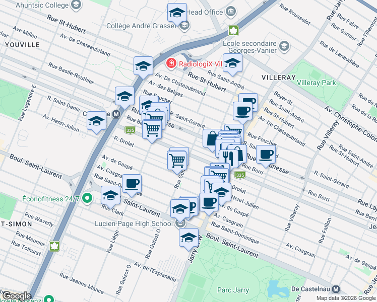 map of restaurants, bars, coffee shops, grocery stores, and more near 8309 Rue Saint-Denis in Montréal