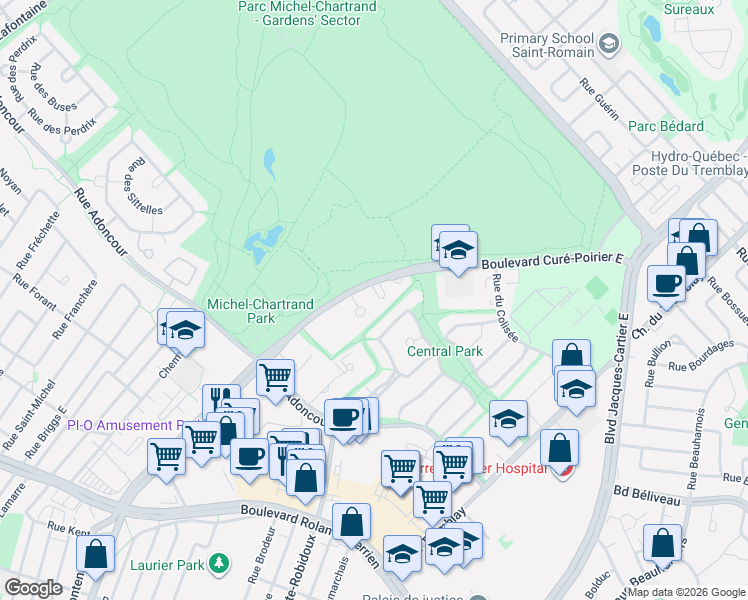 map of restaurants, bars, coffee shops, grocery stores, and more near 1276 Rue des Écureuils in Longueuil