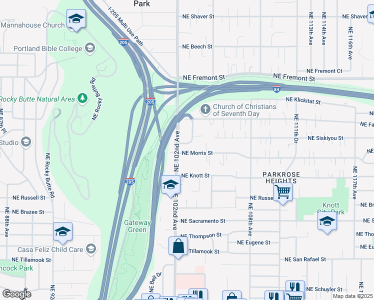 map of restaurants, bars, coffee shops, grocery stores, and more near 2848 Northeast 102nd Avenue in Portland