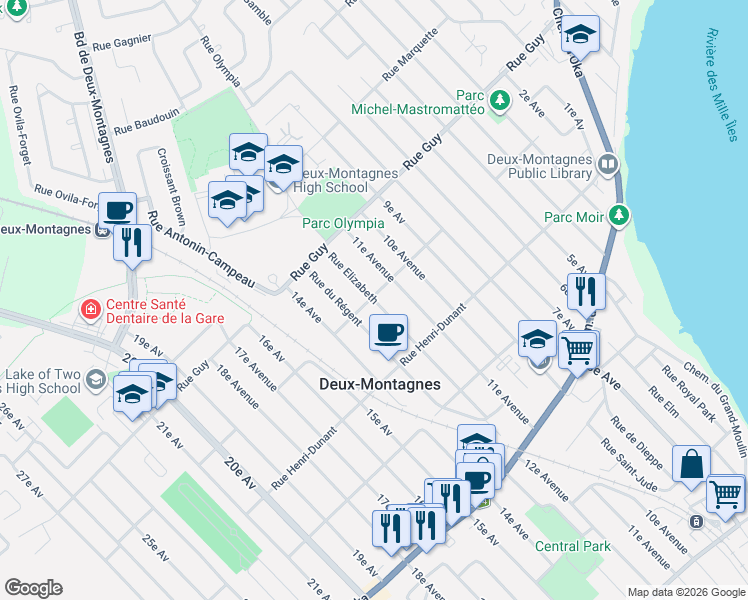 map of restaurants, bars, coffee shops, grocery stores, and more near 310 Rue Elizabeth in Deux-Montagnes