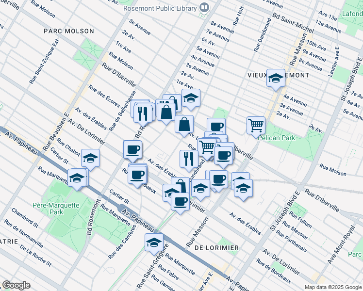 map of restaurants, bars, coffee shops, grocery stores, and more near 5700 Rue Fullum in Montréal