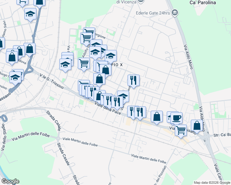 map of restaurants, bars, coffee shops, grocery stores, and more near 96 Via Arnaldo Tornieri in Vicenza