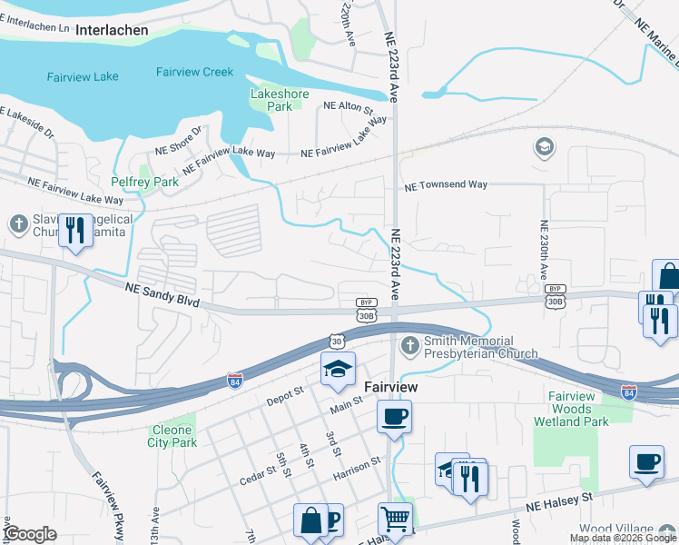 map of restaurants, bars, coffee shops, grocery stores, and more near 21880 Northeast Palisade Place in Fairview