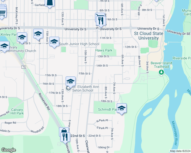 map of restaurants, bars, coffee shops, grocery stores, and more near 1504 Clearwater Road in St. Cloud