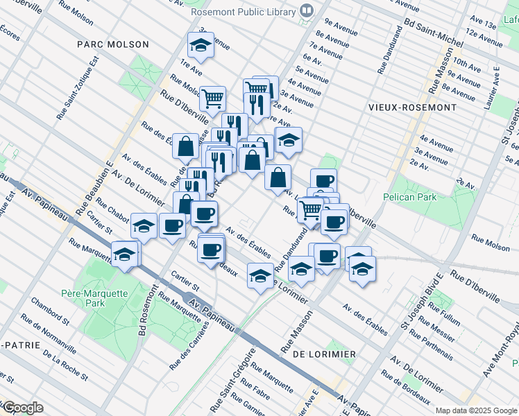 map of restaurants, bars, coffee shops, grocery stores, and more near 2275 Rue Holt in Montréal