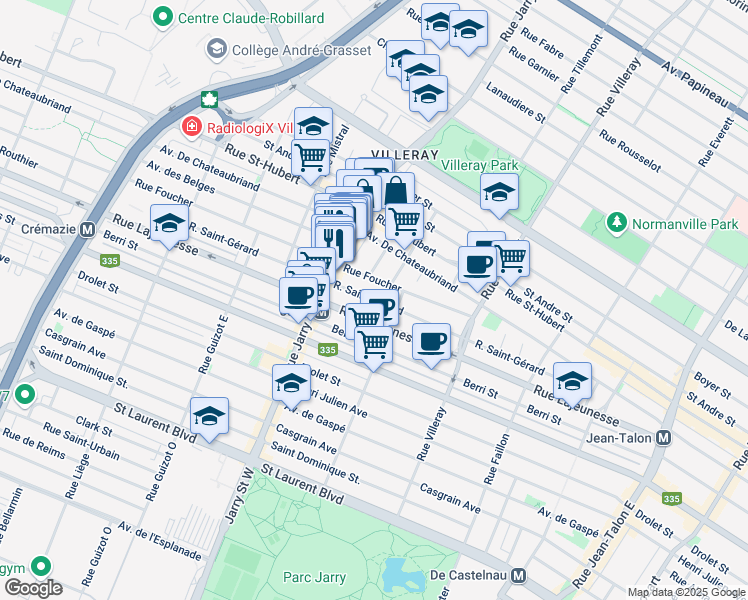 map of restaurants, bars, coffee shops, grocery stores, and more near 7949 Rue Saint Gérard in Montreal