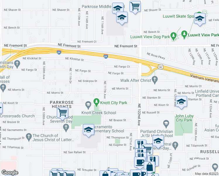 map of restaurants, bars, coffee shops, grocery stores, and more near 11743 Northeast Morris Street in Portland