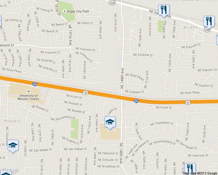 map of restaurants, bars, coffee shops, grocery stores, and more near 14607 Northeast Stanton Court in Portland