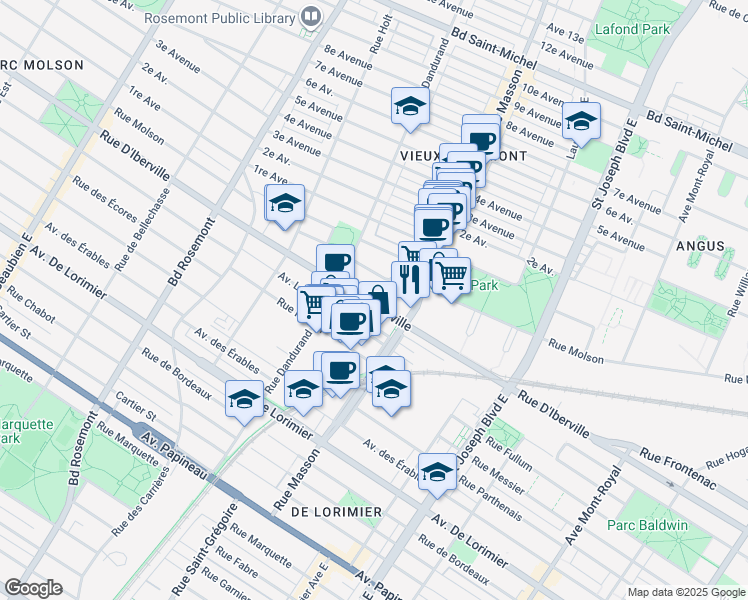 map of restaurants, bars, coffee shops, grocery stores, and more near 5505 Rue d'Iberville in Montreal