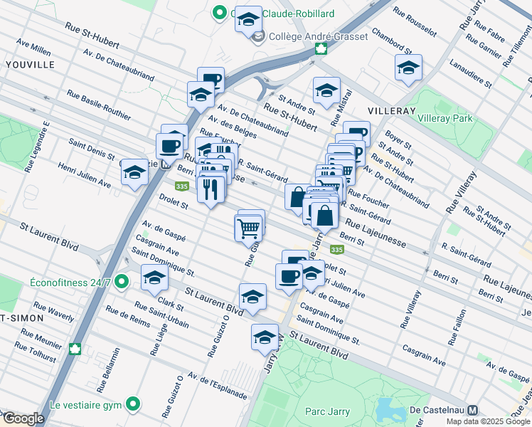 map of restaurants, bars, coffee shops, grocery stores, and more near 8309 Rue Saint-Denis in Montréal