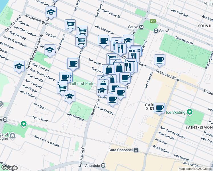 map of restaurants, bars, coffee shops, grocery stores, and more near 2200 Rue Sauvé Ouest in Montréal