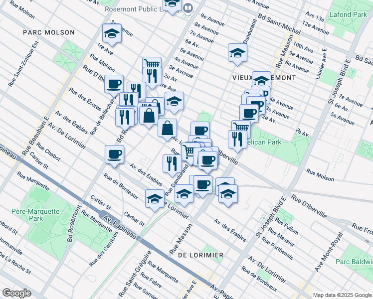 map of restaurants, bars, coffee shops, grocery stores, and more near 1 Avenue Louis-Hébert in Montréal