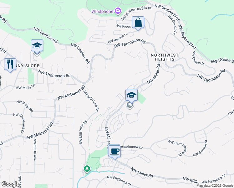 map of restaurants, bars, coffee shops, grocery stores, and more near 2703 Northwest Preston Court in Portland