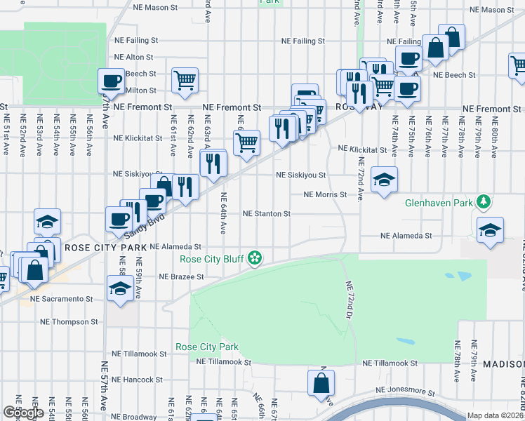 map of restaurants, bars, coffee shops, grocery stores, and more near 3006 Northeast 66th Avenue in Portland