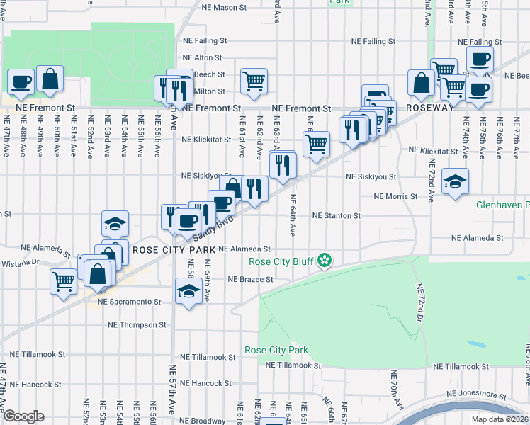 map of restaurants, bars, coffee shops, grocery stores, and more near 3015 Northeast 62nd Avenue in Portland
