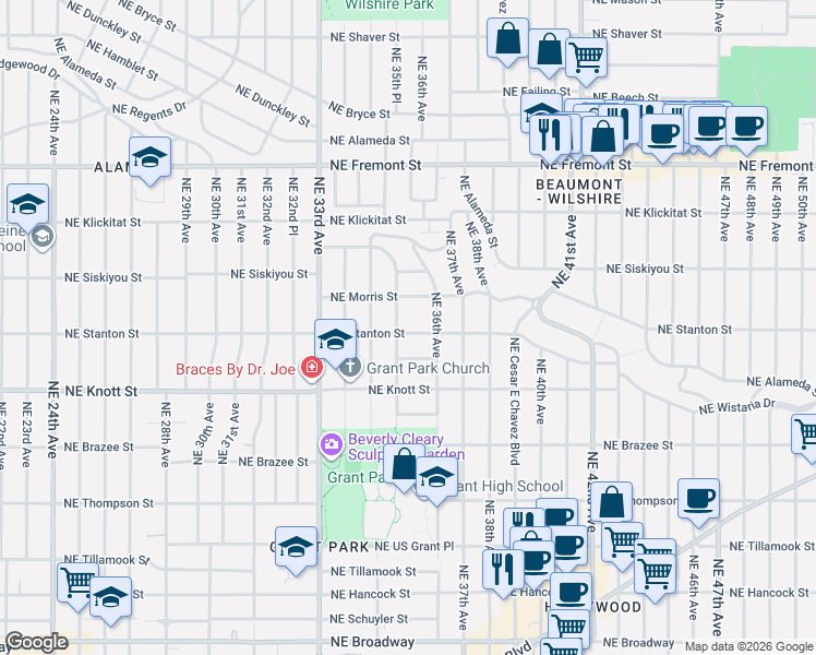 map of restaurants, bars, coffee shops, grocery stores, and more near 3580 Northeast Morris Street in Portland