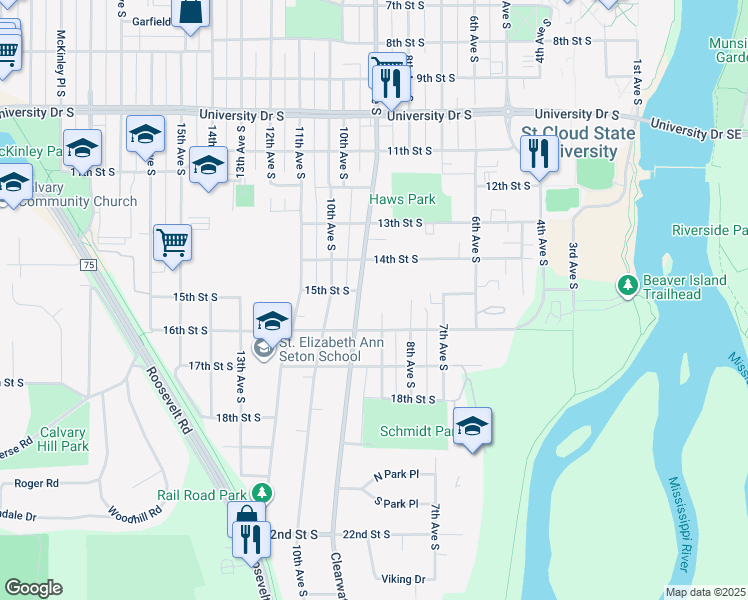 map of restaurants, bars, coffee shops, grocery stores, and more near 1419 9th Avenue South in St. Cloud