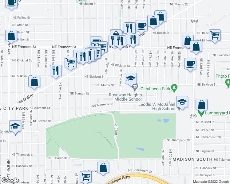 map of restaurants, bars, coffee shops, grocery stores, and more near 7009 Northeast Stanton Street in Portland